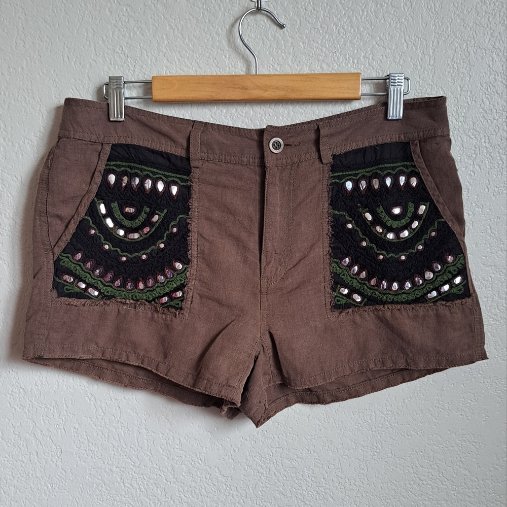 Free People Brown Linen Blend Embroidered Embellished Patchwork Shorts Size 10